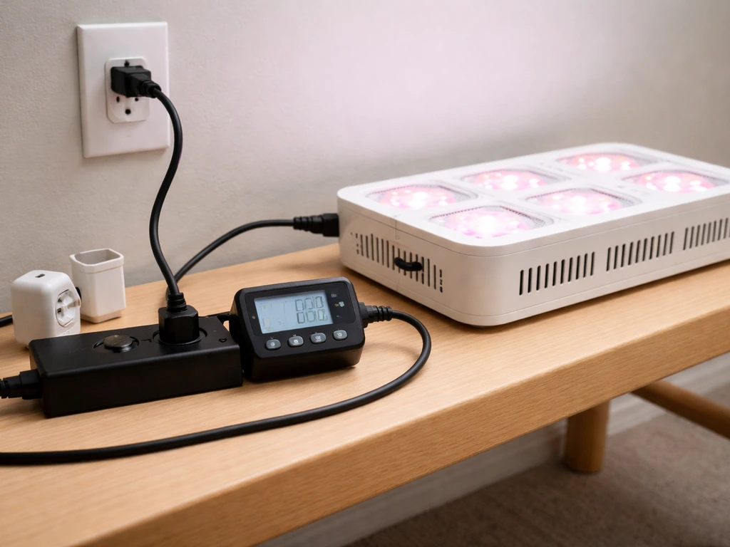 Power meter reading connected to a 1000W LED grow light in operation