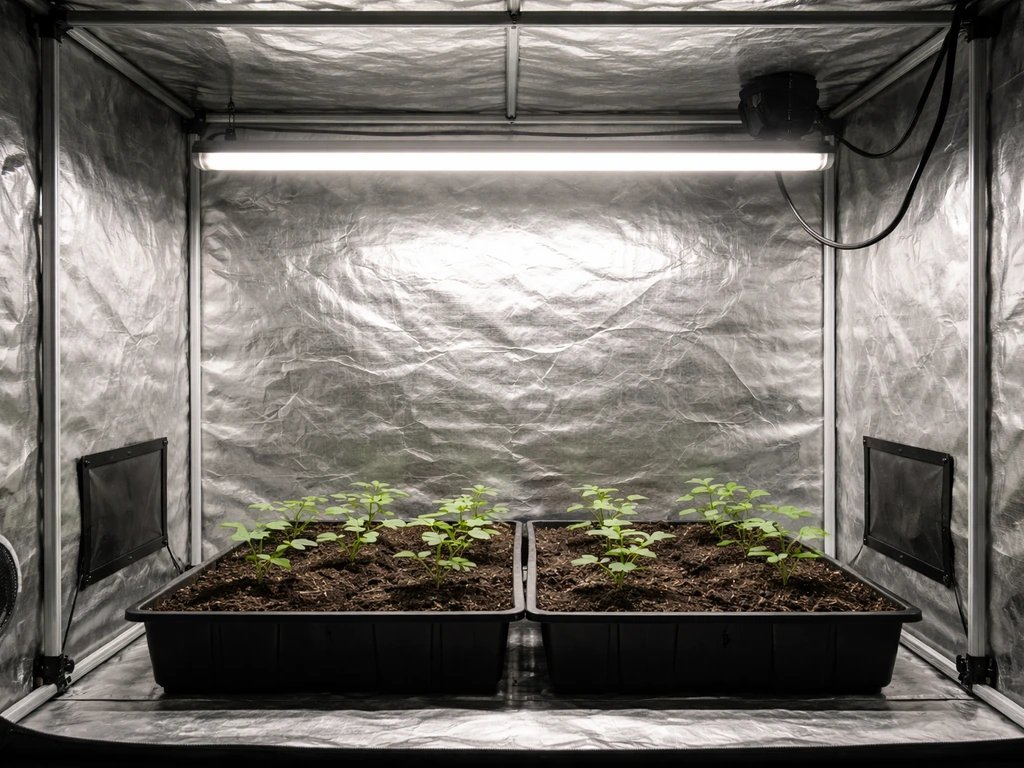 4x4 grow tent with a 4ft LED grow light bar mounted above the canopy, softly lit interior.