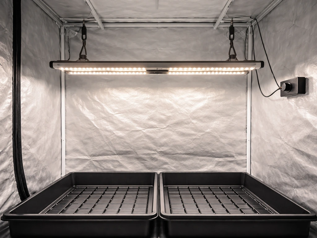 4x4 grow tent with a bar-style 4-foot LED grow light dimmed mid-level and a visible dimming knob.