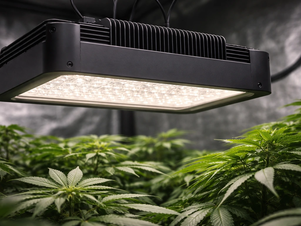 Close-up of a premium black LED grow light over leafy plants in an indoor grow room.