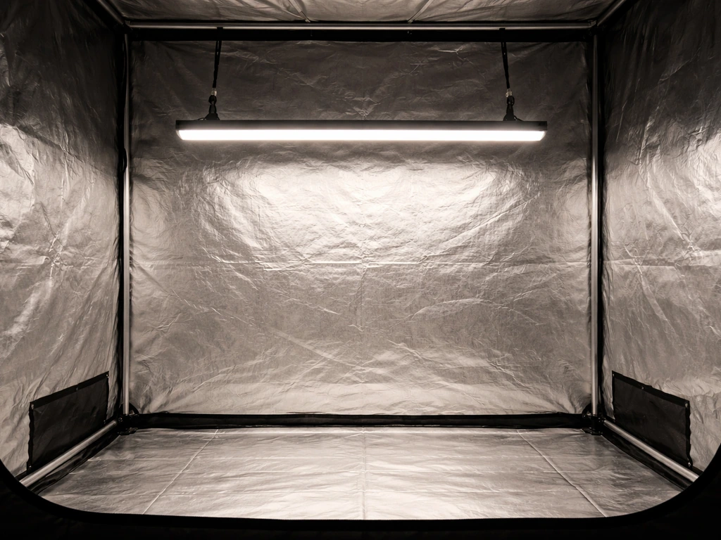 4ft LED grow bar hanging in a 4x4 tent with clear space below, lit by even grow light.