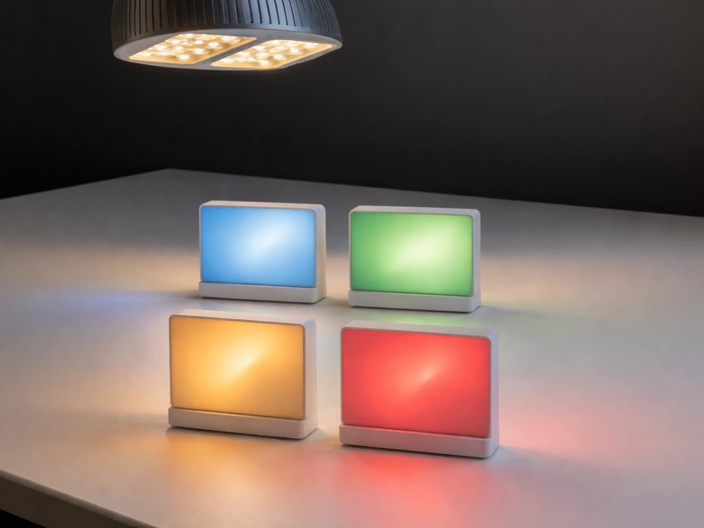 Greenhouse LED grow light casting colored reflections on four minimal glowing panels suggesting key metrics.