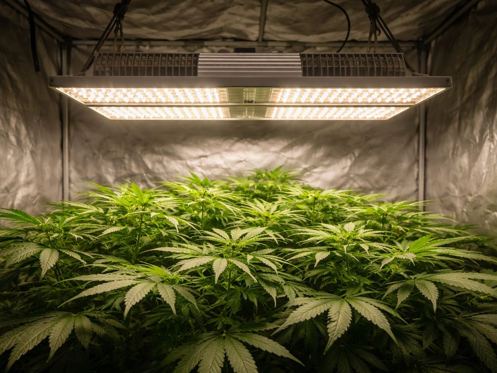 1200W LED grow light mounted in a grow tent, illuminating a thriving plant canopy beneath it.