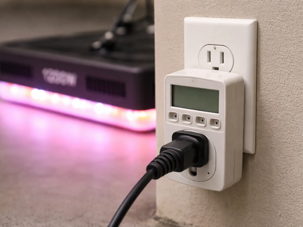 Outdoor grow light with a plug-in power meter showing real watt draw versus label concept