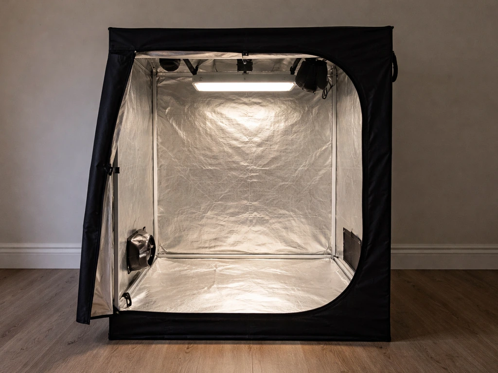 Minimal greenhouse tent with a glowing light footprint showing stronger center PPFD and dimmer corners