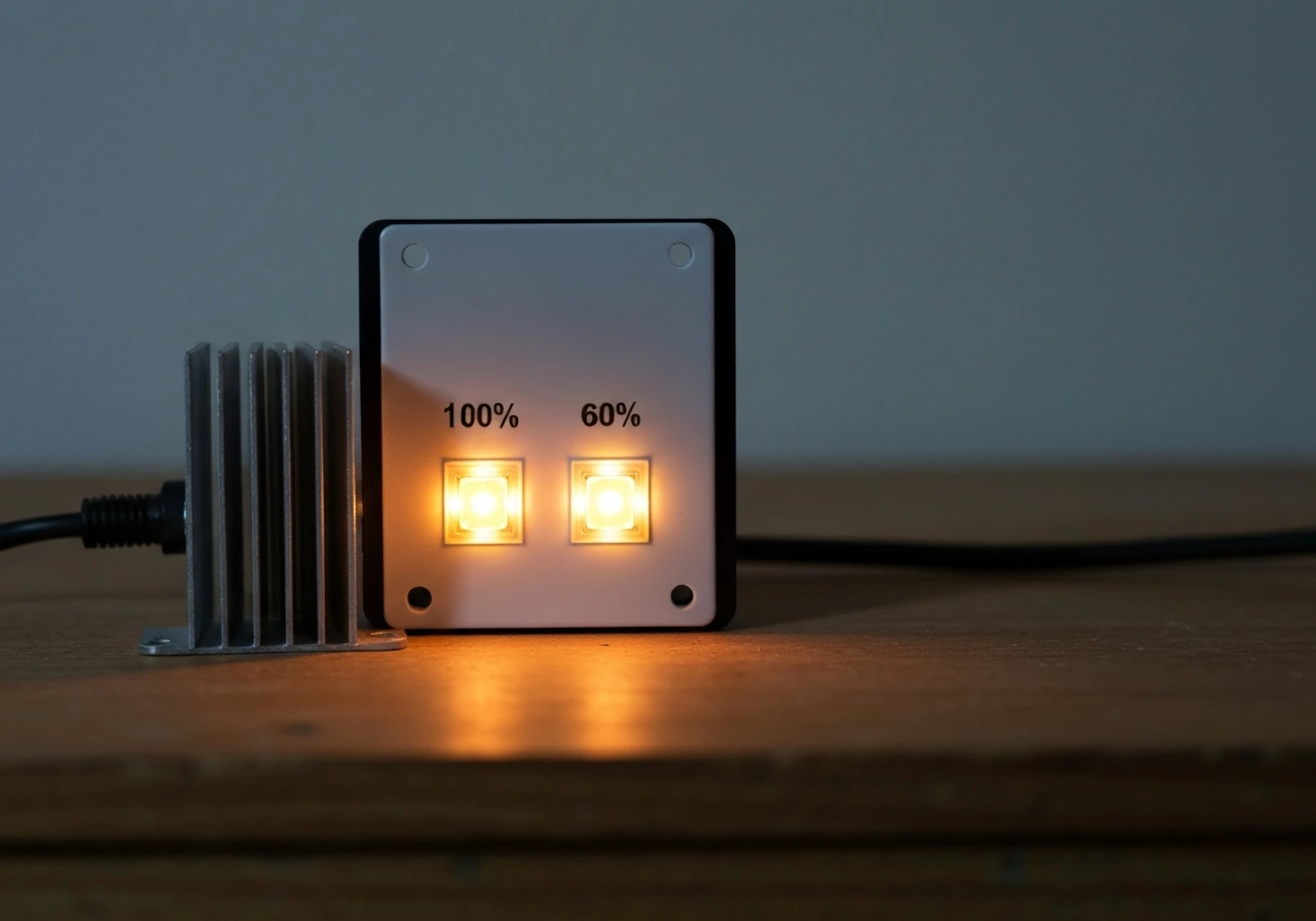 Close-up of a dimmable LED grow light controller with two LEDs showing different intensities and a heat sink.