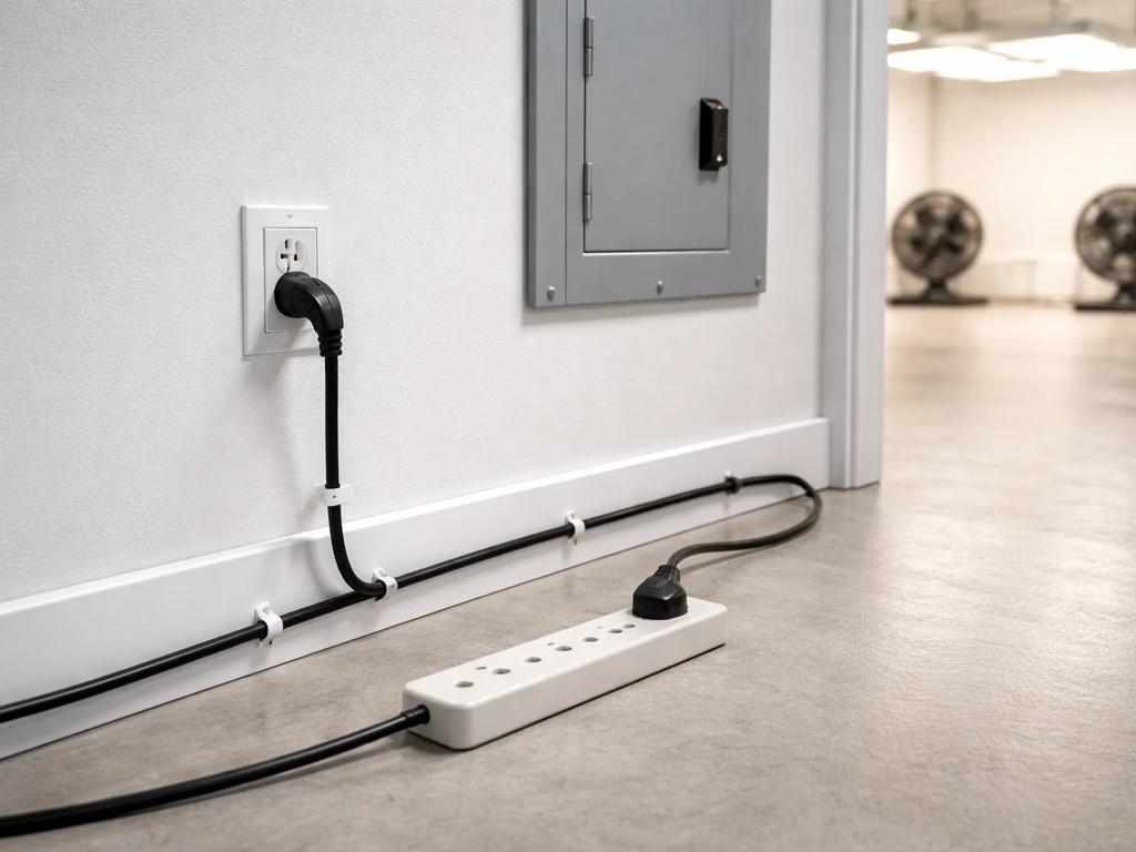 Clean 15-amp outlet and neatly routed heavy-duty cable for a high-watt grow light setup.