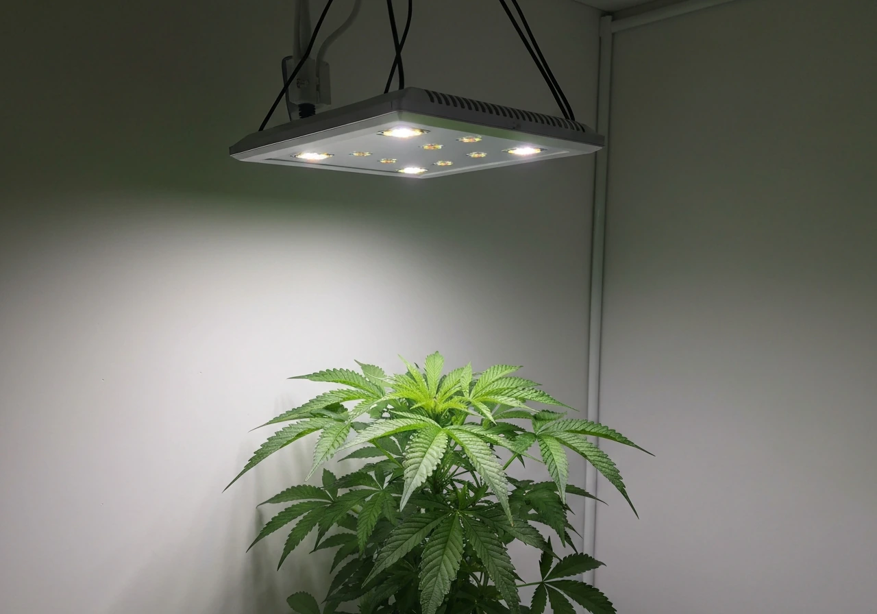 Dimmable LED grow light over a small plant canopy in a clean indoor grow room, even light spread.