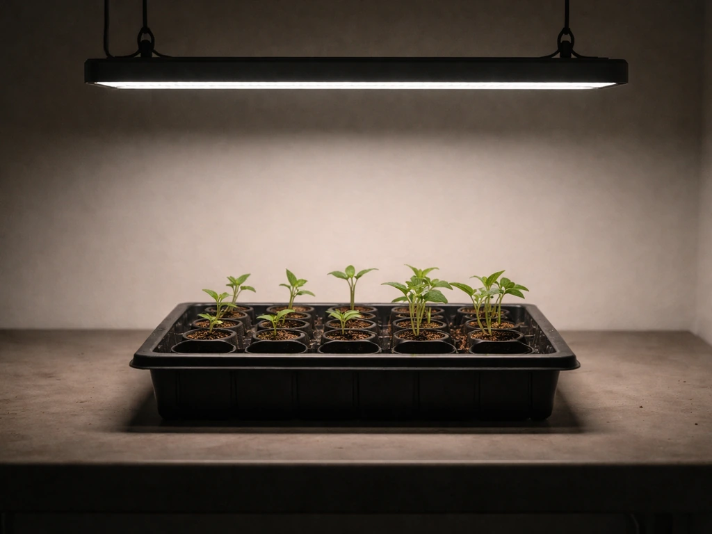 Low-light LED fixture hanging above a seedling tray with tender seedlings in soft dim illumination.