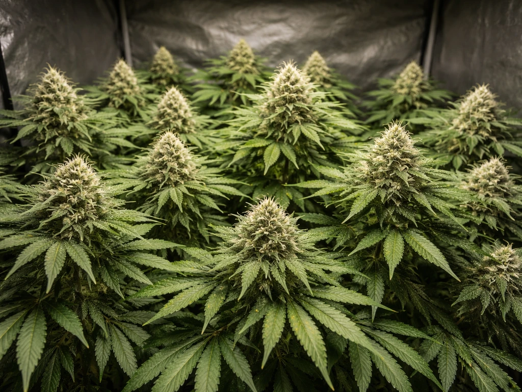Close view of a dense flowering cannabis canopy under bright grow lights in an indoor tent