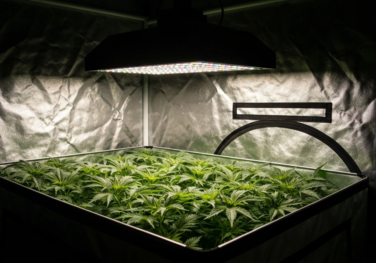 Indoor grow tent canopy showing brighter center light and dimmer edges on surrounding leaves