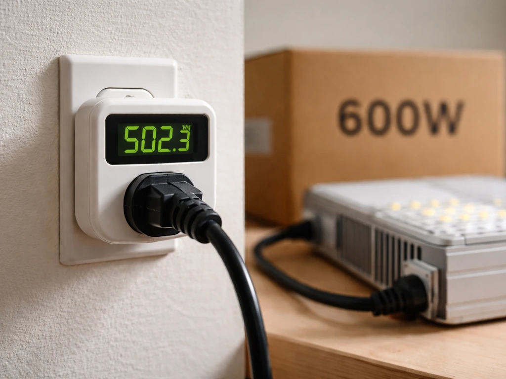 Close-up of a smart wattage meter plug reading actual draw beside a grow light box marked “600W”.