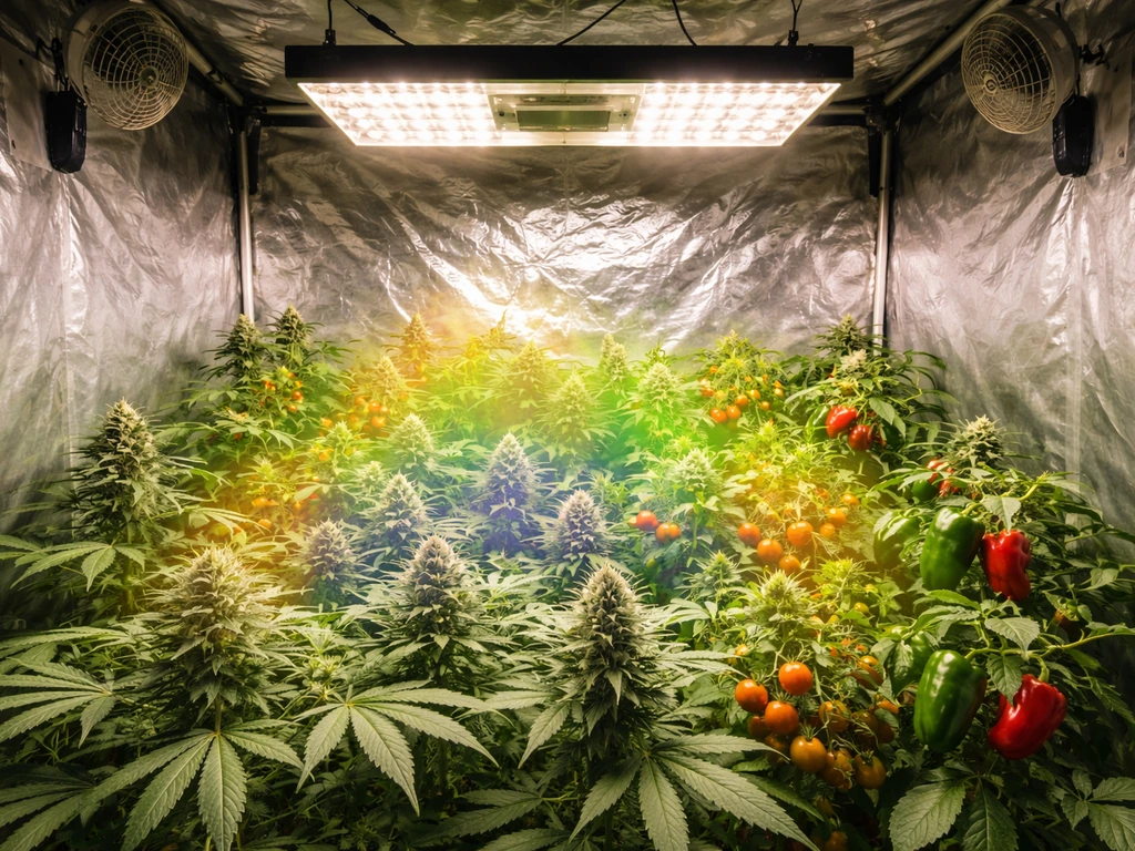 Flowering canopy in a 4x4 grow tent under a dimmed 600W LED, with faint PPFD-style light coverage glow.