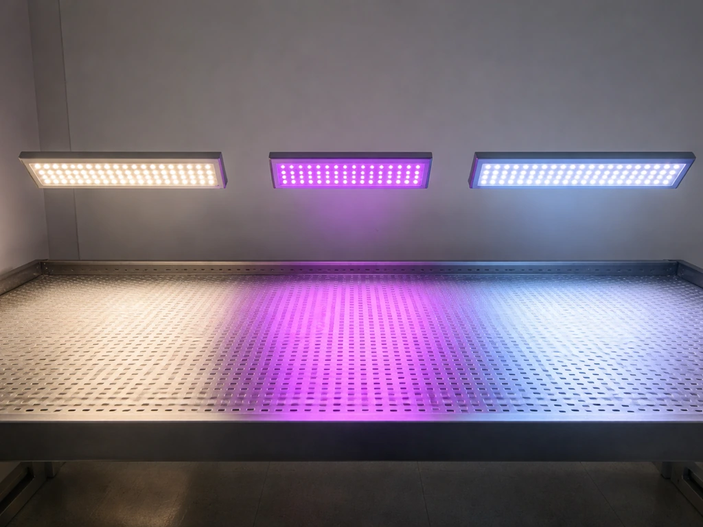 Three grow light panels side-by-side over a blank bench: full-spectrum neutral-white, blurple purple, bar-style mixed.