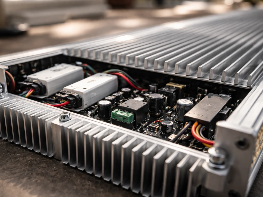 Macro view of a LED grow light heatsink and open driver compartment with dimming/control hardware
