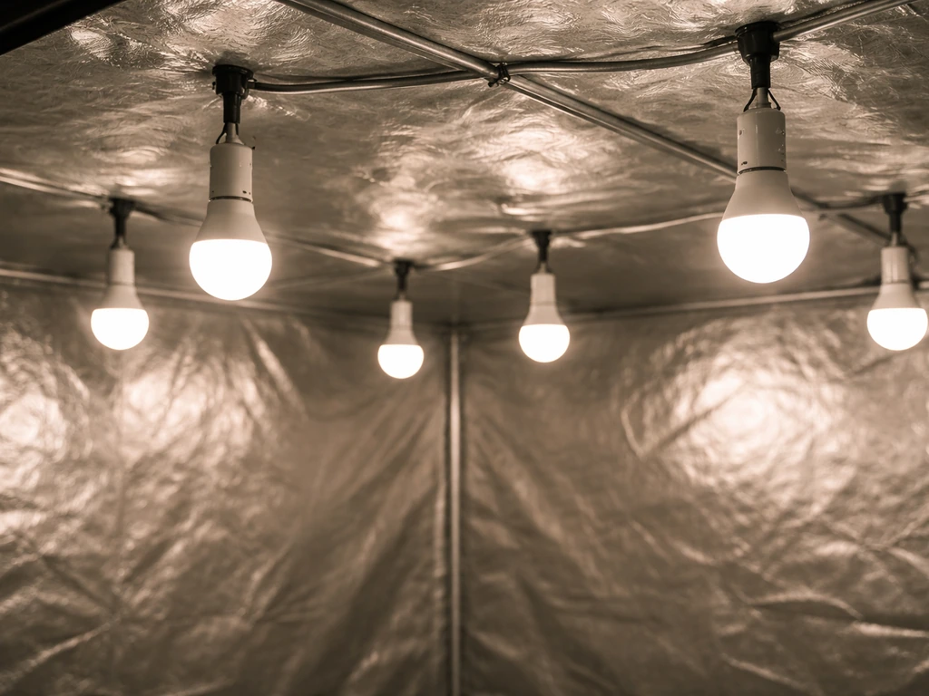 Grow tent canopy lit by multiple E27 LED bulbs with visible mounts across the ceiling