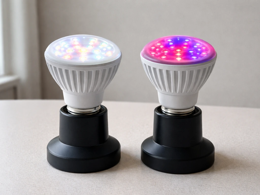 Two E27 grow bulbs in a simple indoor setup, one full-spectrum white light and one red/blue glow.