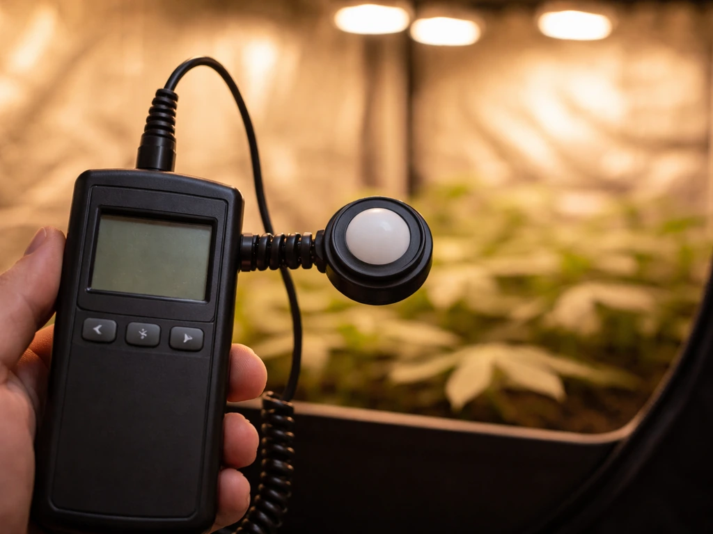 Close-up of a PPFD quantum sensor held at canopy height under an E27 LED grow bulb in a grow tent.