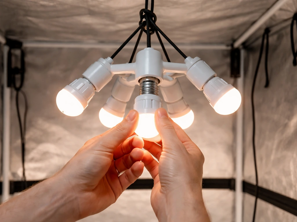 Hands screwing E27 grow bulbs into a multi-socket adapter above a grow tent