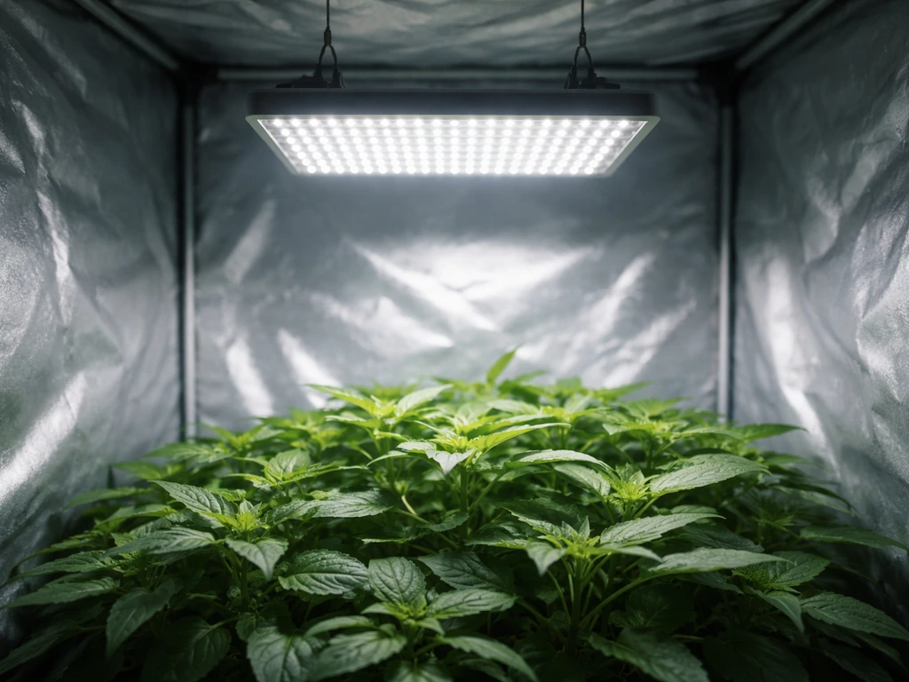 Cool-white 6500K LED grow light glowing above a leafy green canopy inside a simple grow tent.