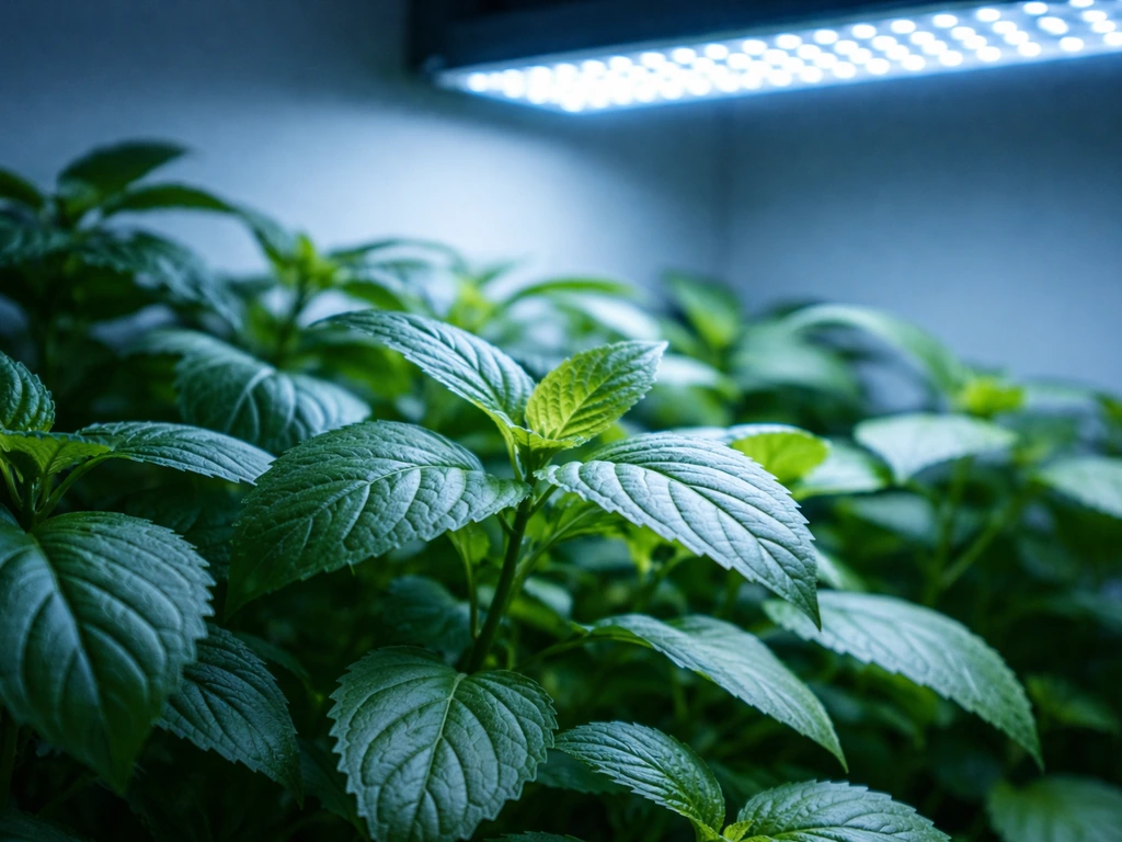 Cool-blue LED light illuminating green plant leaves in a minimal indoor grow setup.
