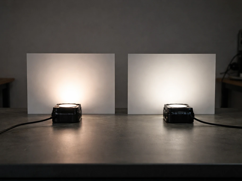 Minimal studio desk showing two separate lighting setup scenes: one with brighter hotspot, one with uniform spread