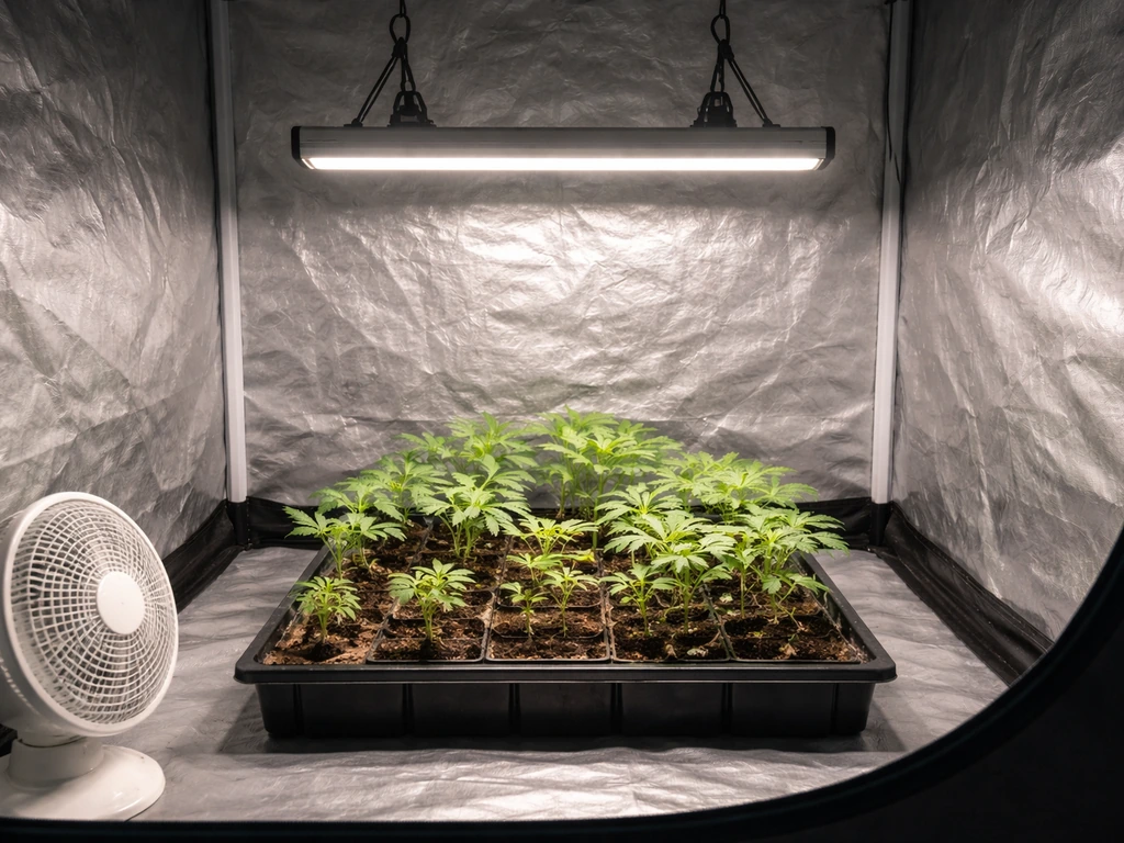 4x4 grow tent in veg with a single 6500K-style LED light mounted above seedlings at canopy height