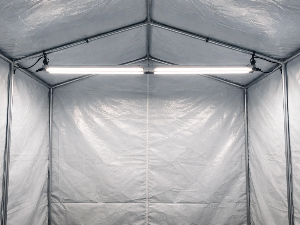Two cool-white LED grow light bars mounted above a wide tent canopy, evenly illuminating edges
