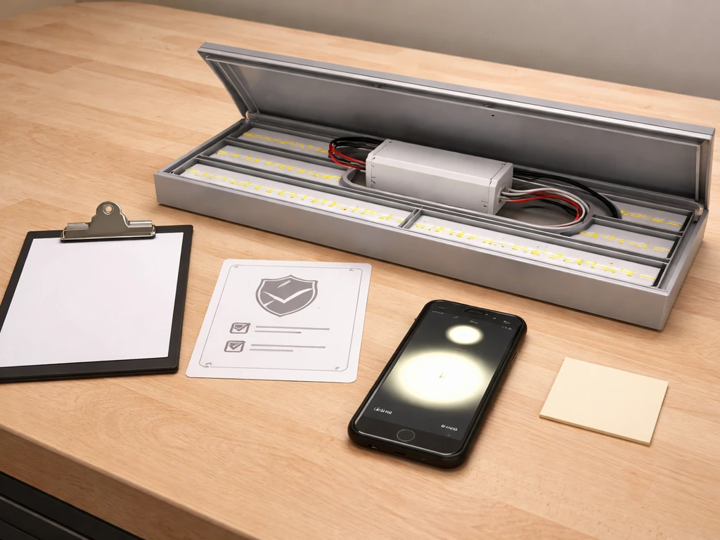 Grow light on a workbench with blank checklist and generic certification-style badge cues for verification