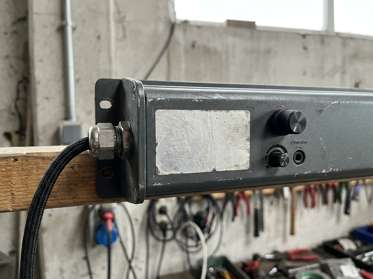 Close-up of an energy efficiency label on a grow light driver area and dimming controls