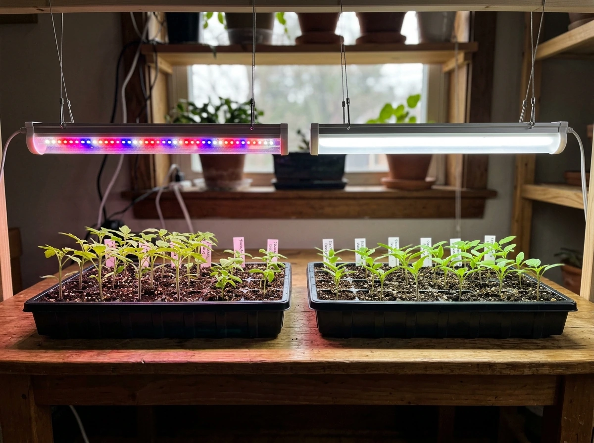 Spectrum comparison: LEDs with visible red channel vs white-only bars mounted over seedlings