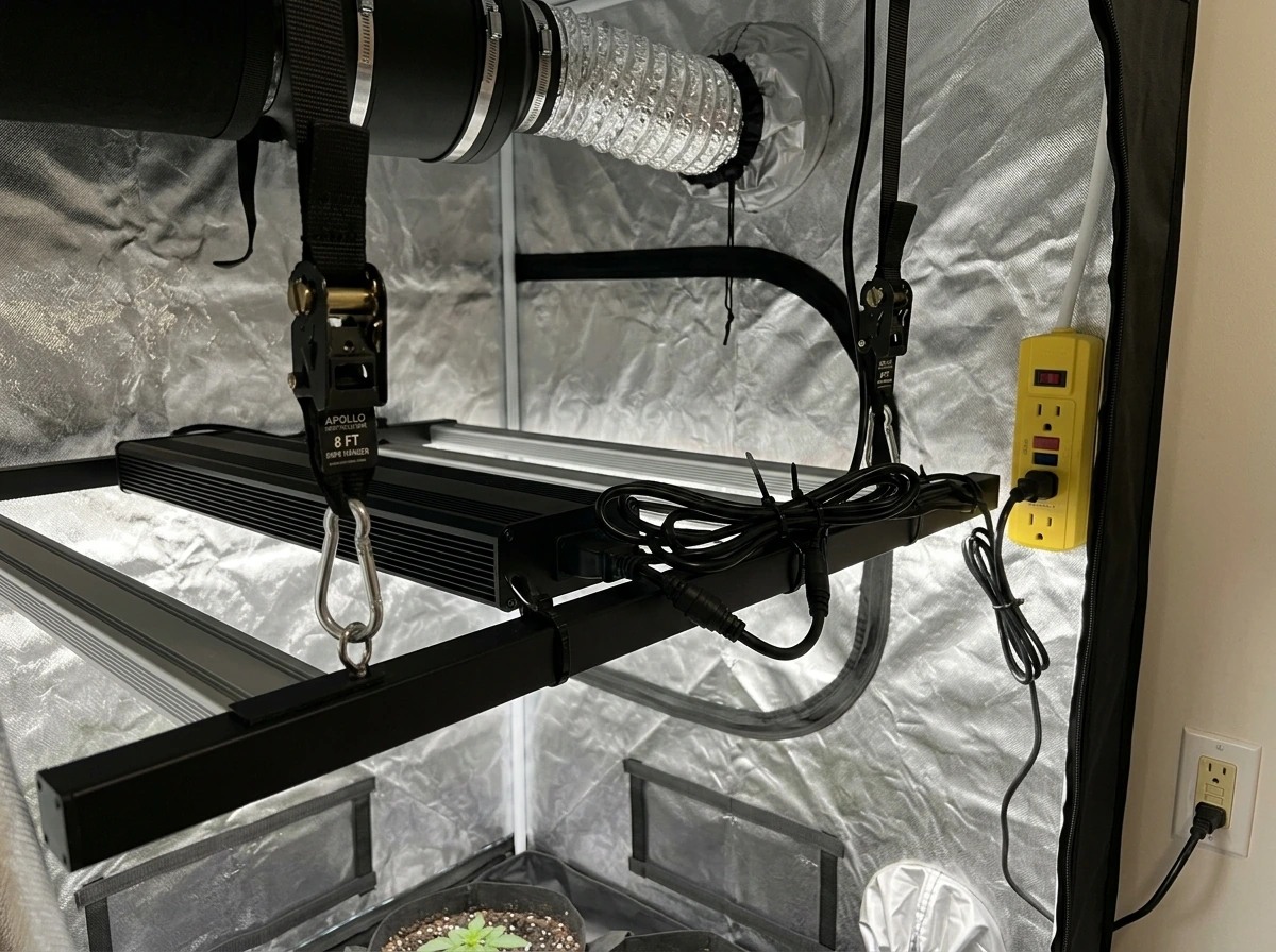 Bar light installation: hanging ratchet straps and daisy-chained power/control wiring