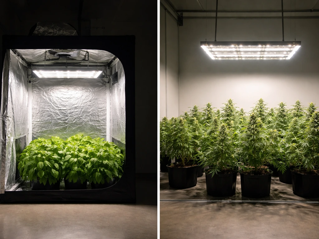Two simple indoor grow setups showing different footprint and hanging height for LED grow lights