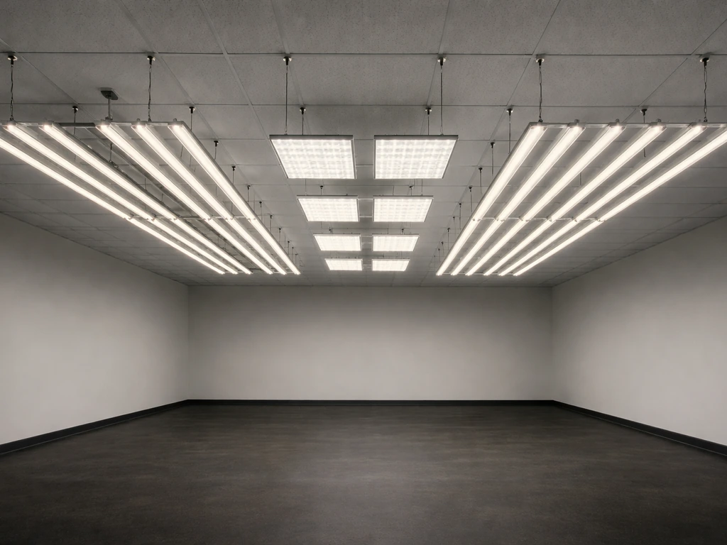 Overhead view of commercial LED grow mounting layouts: bar, panel, and strip/canopy fixtures in a grid.