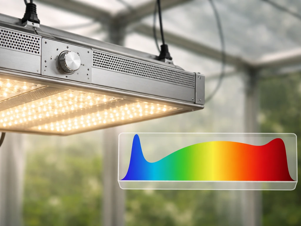Close-up of a mounted grow light with a dial controller and a subtle PAR-range spectrum overlay.