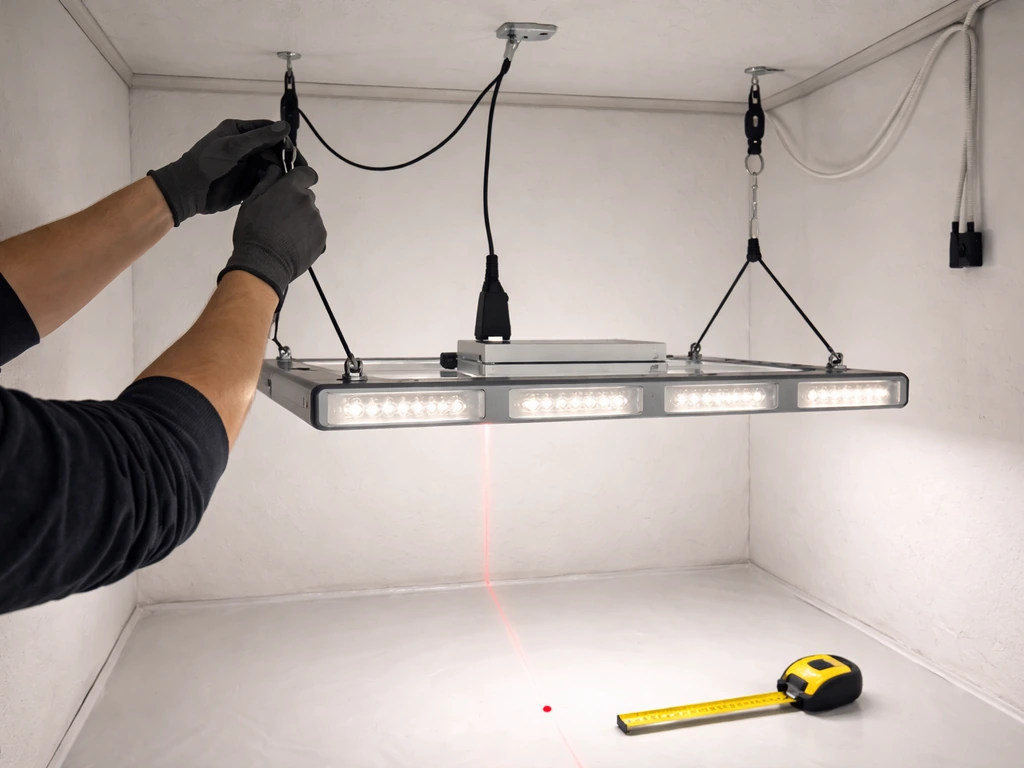 Installer leveling and hanging LED grow light with tape and laser in a clean grow room