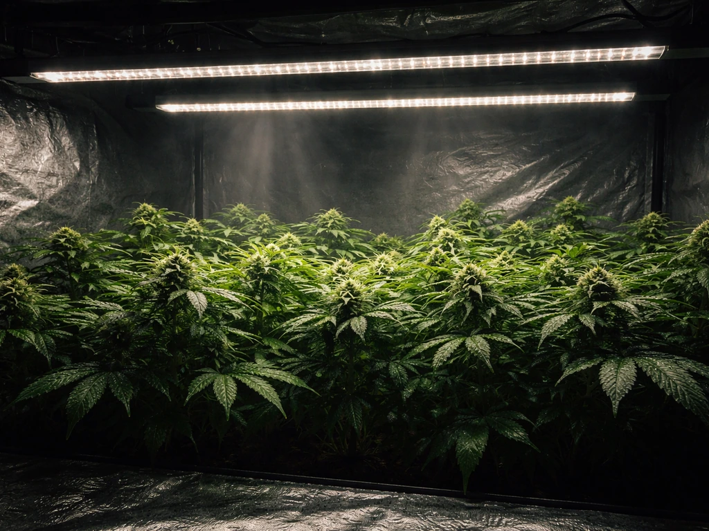 Bar-style LED grow lights under a canopy illuminating dense plant tops inside a grow tent.