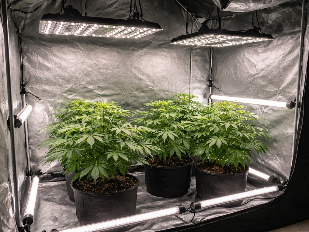 Indoor grow tent interior with top, side, and under-canopy LEDs illuminating plants in three visible zones.