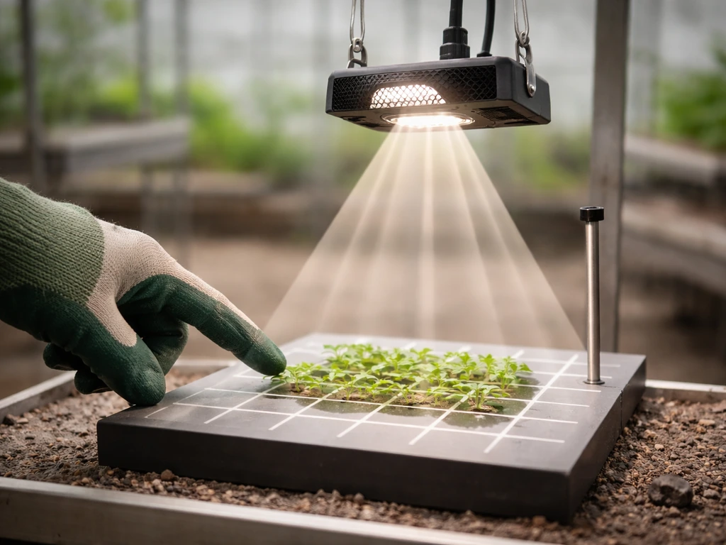 Gloved hand points at a small canopy model under an LED light, with glowing beam footprint markers.