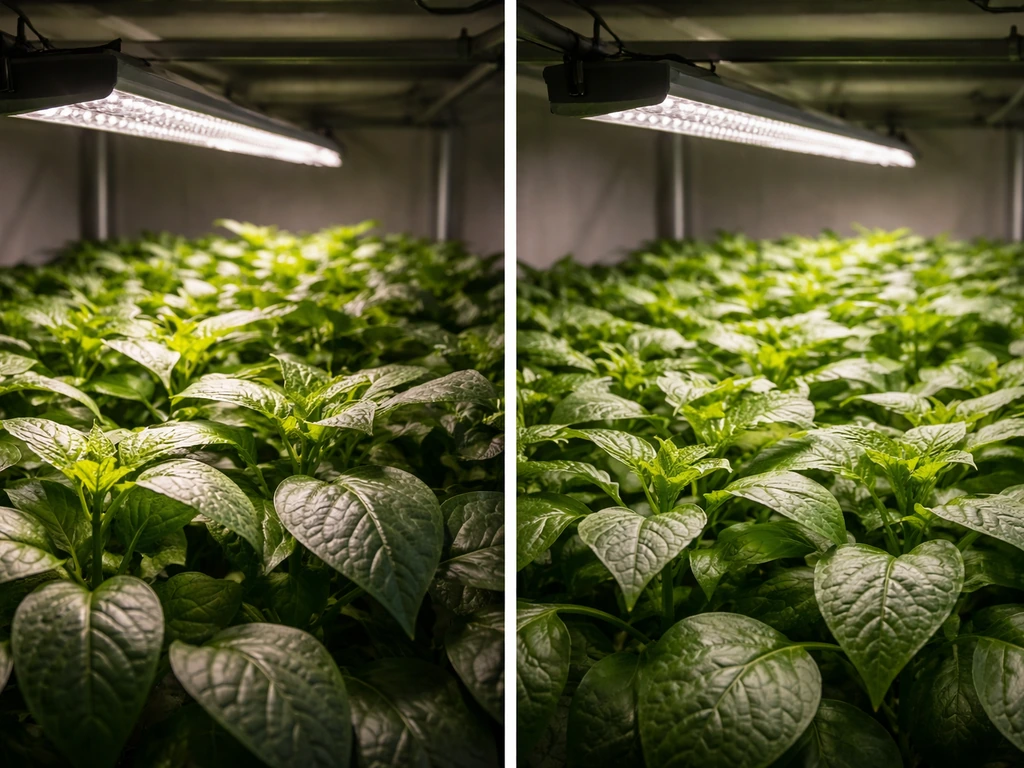 Two-panel photo showing under-canopy grow light mounted too close causing bright hotspots versus correct mounting for ev