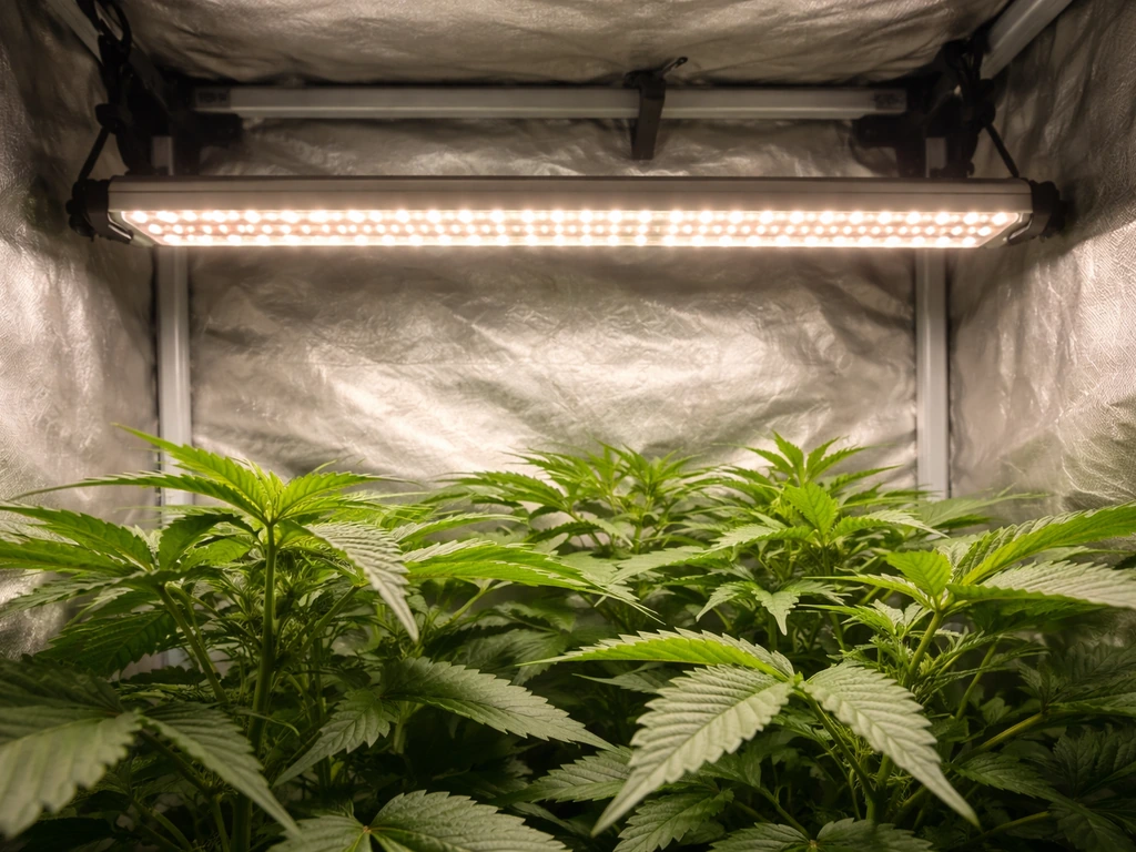 Close-up of an overhead LED grow light bar shining across healthy plants in a grow tent canopy.