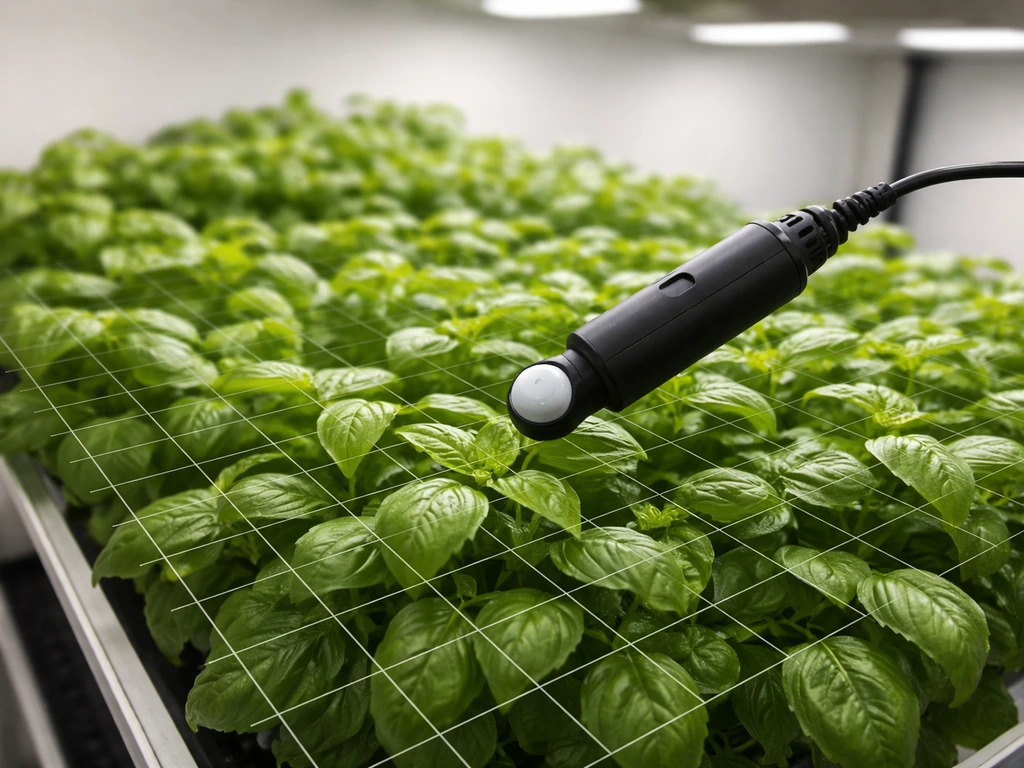 Overhead view of indoor plant canopy with a simple measuring grid and a handheld light meter near leaves.