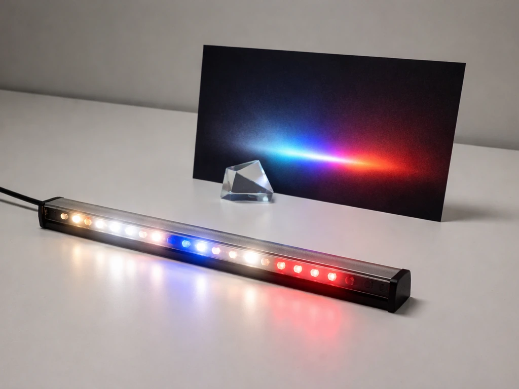 Minimal photo of a bar LED emitting cool white, blue, and deep red light onto a dark card.