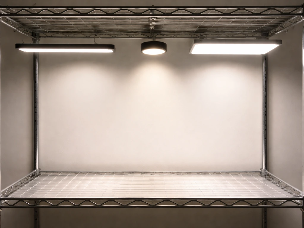 Two grow-light fixtures, bar and panel, mounted above a small indoor grow rack with visible spacing
