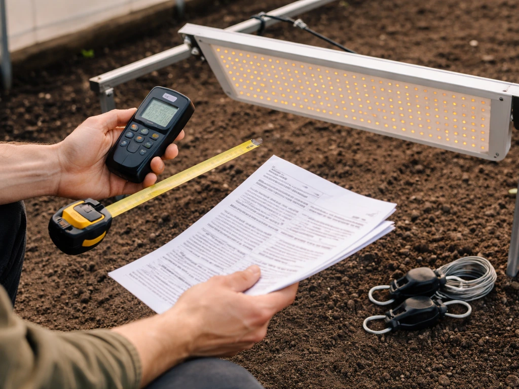 Hands hold a measuring tape and PPFD meter beside a mounted LED grow light with cables and ratchets