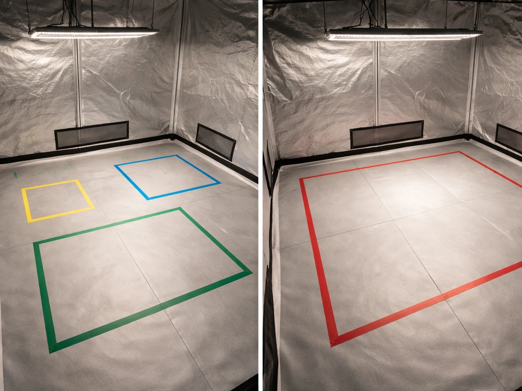 Overhead photo inside a grow tent with different unmarked tape floor squares under an LED light to show coverage.