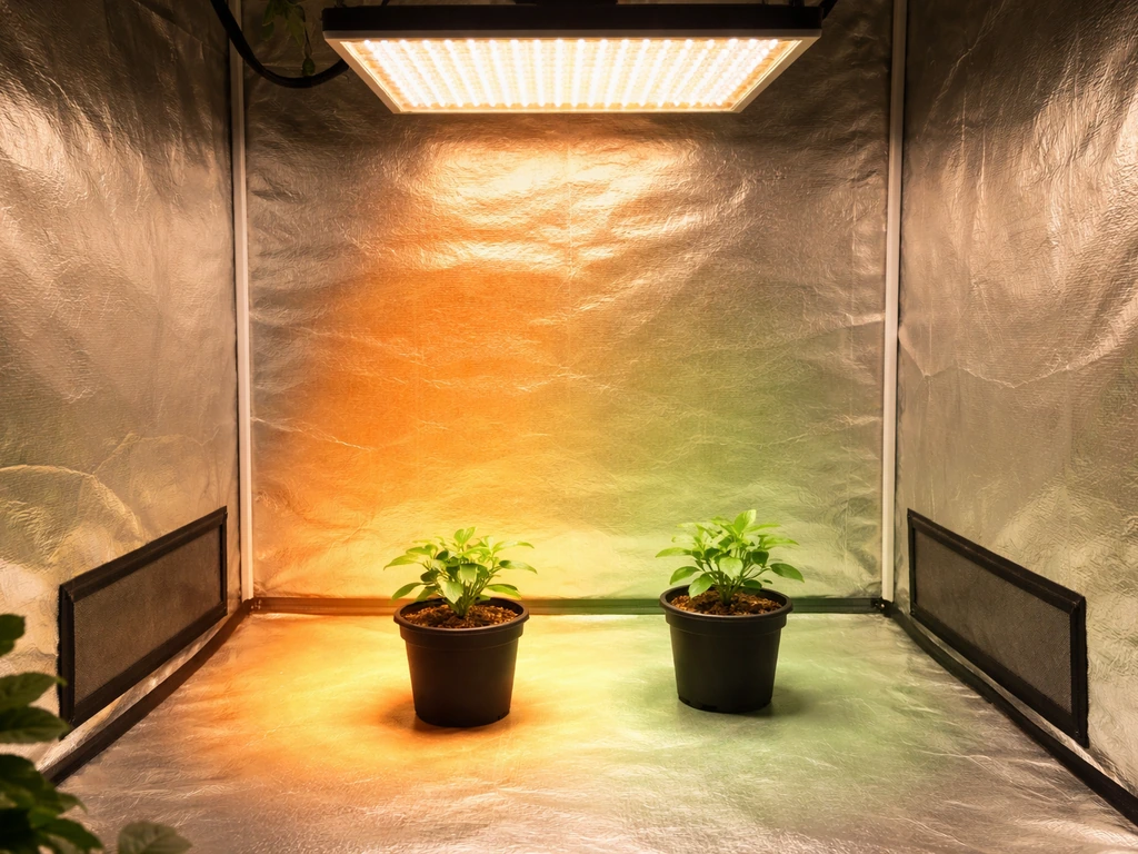 Minimal grow tent scene with one LED showing brighter hot spot and even-lit area under plants.