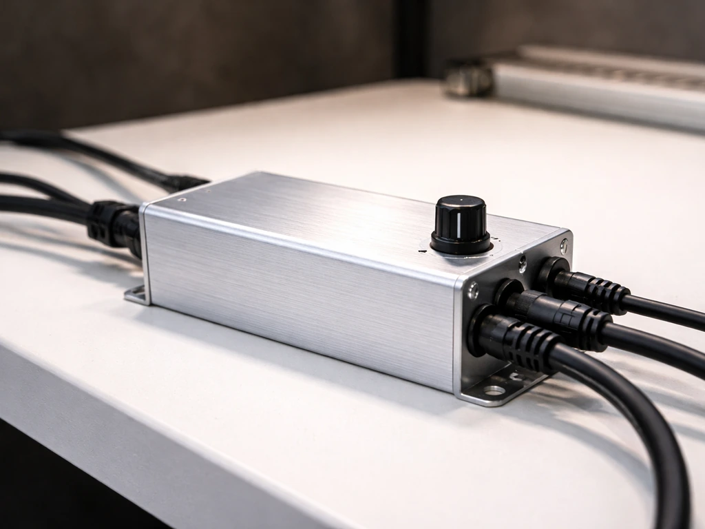 Close-up of a dimmable LED driver/control unit with a knob, cables, and an ELG/HLG-like label