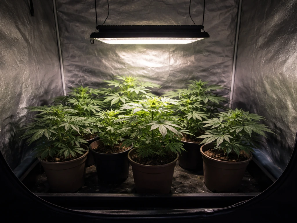 Inside a grow tent, bright hotspot on one area and dim corners under the lights, showing uneven canopy coverage.