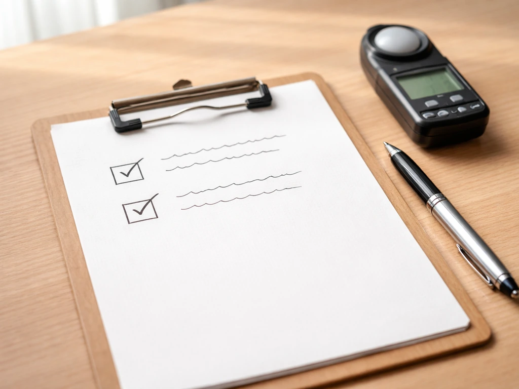 Close-up of a clipboard checklist with ticked boxes and a measuring light meter on a clean desk.